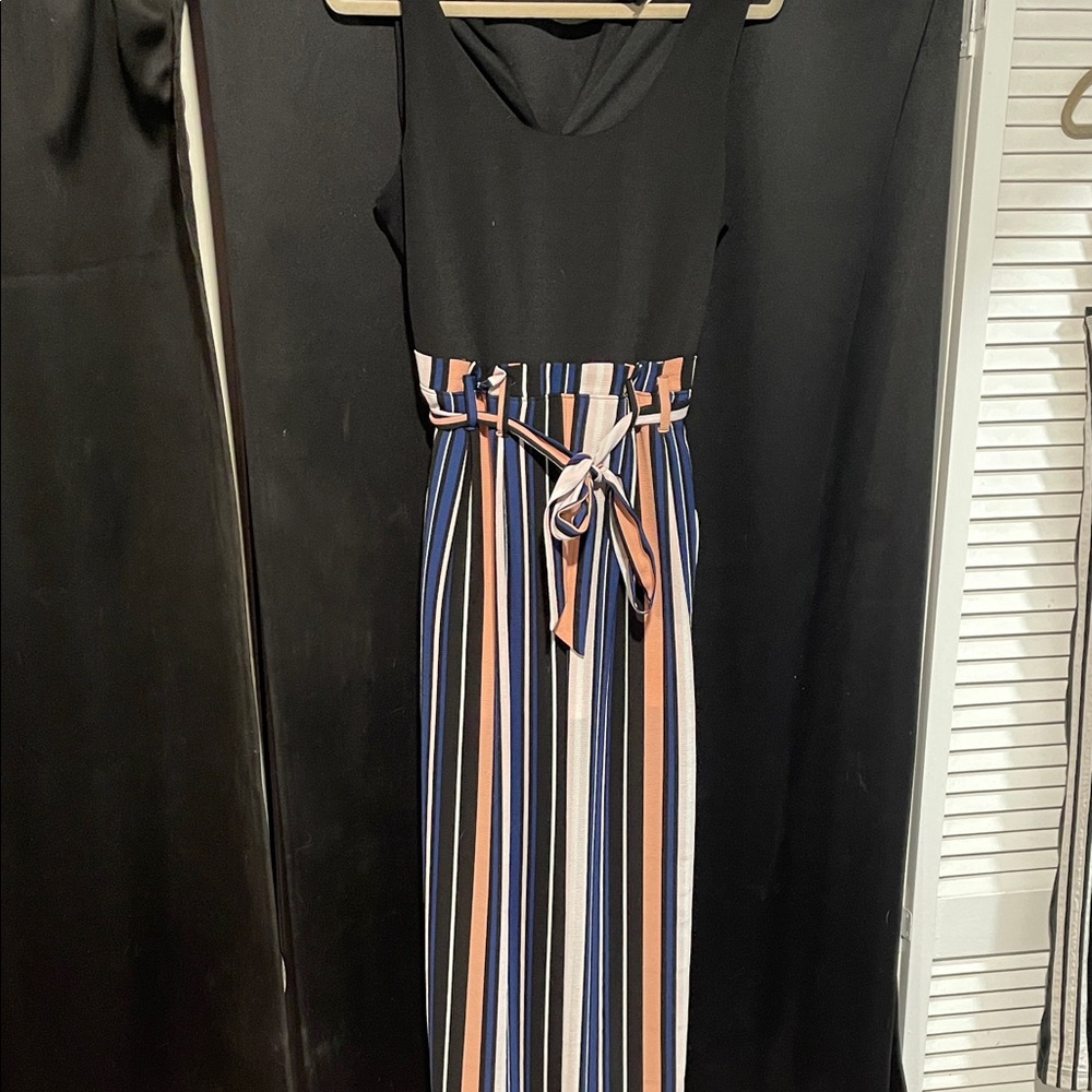June & Hudson Black Top with Striped Maxi Dress